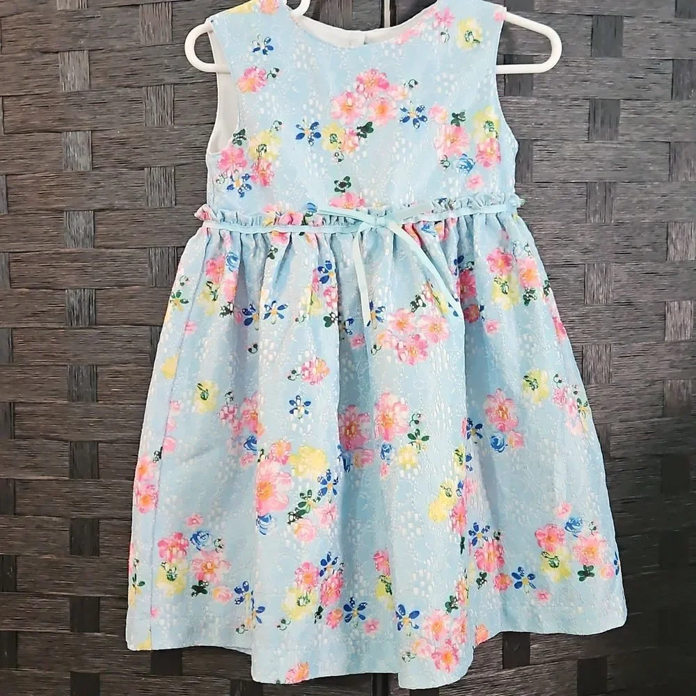 Blueberi Boulevard Blue Floral Lace Dress - Ribbon Bow - Size 3T - Back Cutout